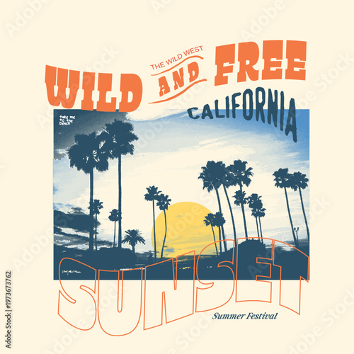 Sunset Beach Graphic Tee T-shirt Design. Vintage Grunge Texture Sunset Beach Print. Wild and Free Sunset Slogan Typography. Sunshine Beach view Design. Retro Tee artwork. 