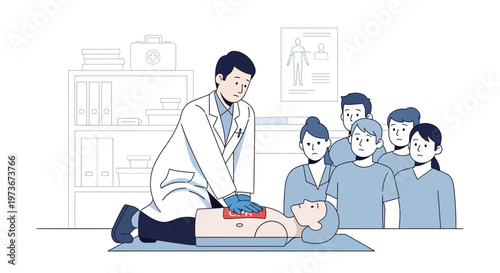Doctor demonstrating CPR on dummy to attentive medical students in training session