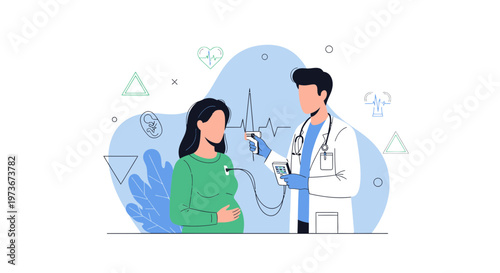 Doctor examines pregnant woman with EKG monitor, healthcare concept