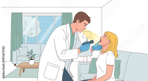 Doctor examines patient's throat with flashlight in a home setting