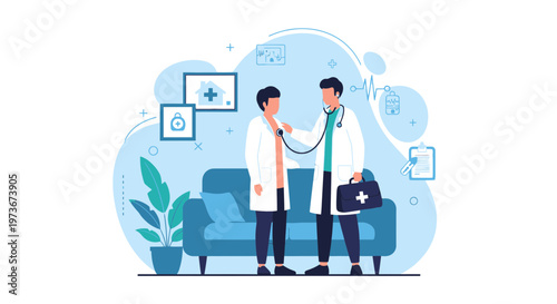 Doctor examining patient with stethoscope in clinic, medical checkup, healthcare concept