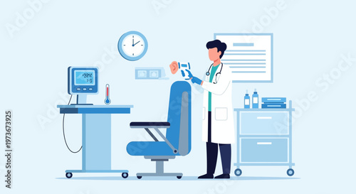 Doctor examining patient's ear with otoscope in modern clinic examination room