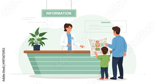 Doctor explains hospital map to father and son at information desk