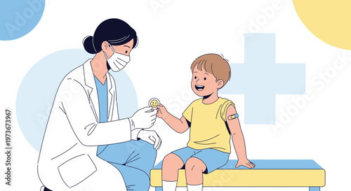 Doctor gives child a sticker after vaccination, happy kid with bandage on arm
