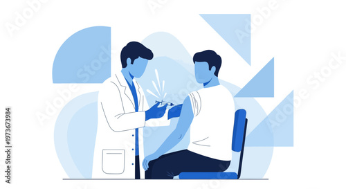 Doctor giving vaccination injection to patient in arm, medical concept, blue abstract background