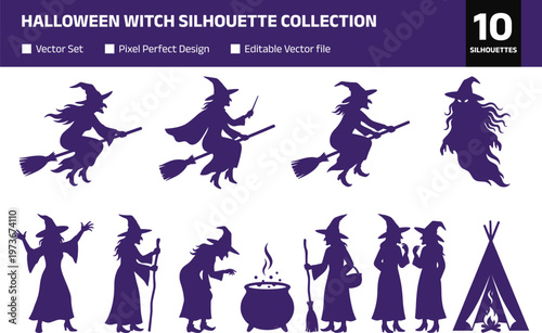 Halloween witch silhouette collection featuring flying broom, magic cauldron, spooky characters, black vector illustration set isolated on white background