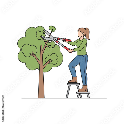 Woman pruning tree with large red shears on ladder in simple line art for gardening or landscaping