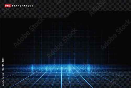Glowing blue grid lines on transparent background, futuristic neon light effect for design and video editing