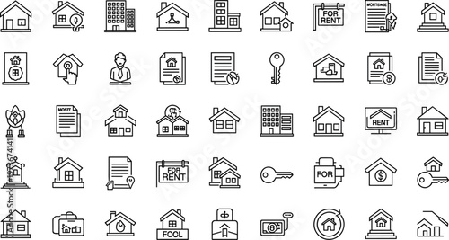 Real estate property and house rental line icon set featuring home mortgage key minimal outline vector collection