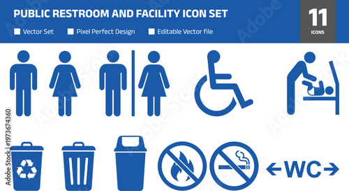 Public restroom and facility icon set featuring toilet signs, accessibility symbols, recycling, no smoking icons vector isolated on white background