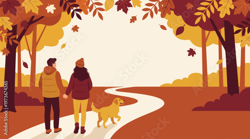 Couple and dog strolling on a winding path through vibrant autumn foliage, representing autumn leisure and natural lifestyle in a warm flat vector illustration style with spacious copy space.