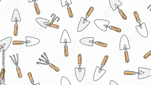Seamless pattern of gardening tools including trowels and hand rakes with wooden handles provides a theme for horticulture and diy planting.