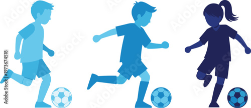 Children playing soccer blue silhouettes set boys and girl dribbling football kids sports activity flat vector illustration for youth competition.