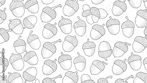 Monochrome pattern of detailed acorn sketches on a white background captures the essence of autumn and forest floor treasures in a design.