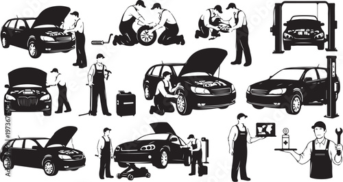 Black and white car repair illustrations with mechanics working