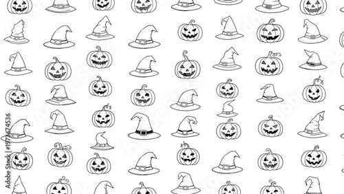 Seamless pattern featuring hand drawn spooky pumpkins and classic witch hats in a black and white doodle style for Halloween celebrations.