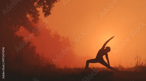 Yoga concept, silhouette practicing yoga, warm tones 