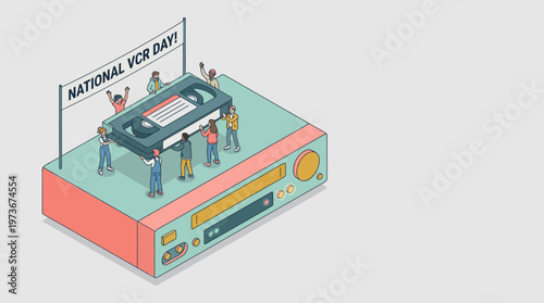 People celebrating National VCR Day, carrying VHS tape on player, for retro media nostalgia. Isometric outline pastel vector art of an analog electronic device.