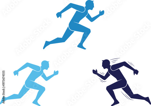 Blue running man silhouettes sprinting athletes set in flat vector style for sports fitness competition track field and marathon design.