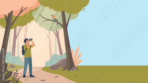 Hiker on Nature Trail, Birdwatching Binoculars, Sun Rays, Exploration Wildlife, Flat Vector Illustration, Warm Tones, Generative AI, Copy Space