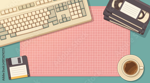 VCR Tapes, Keyboard, Floppy Disk, Coffee on Grid Desk Layout, Retro Computing Nostalgia, Flat 80s Pastel Illustration, Top View Vector.