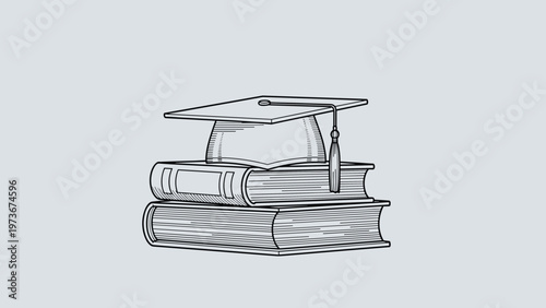 Illustration of a graduation cap resting on a stack of books symbolizing academic achievement and higher education success for students.