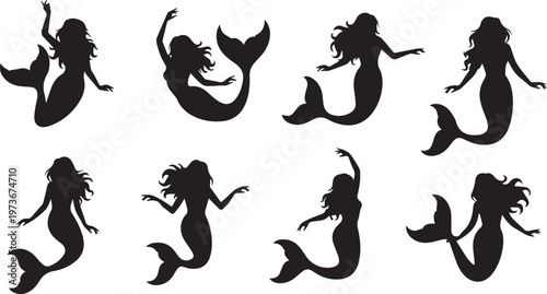 Mermaid Silhouette Set, Mythical Sea Maiden Swimming Vector Icons