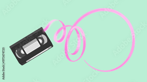 VHS Cassette Unwound Pink Tape Swirl Retro Entertainment Media Flat Design Vector Mint Pink Analog Video Format