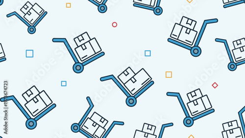 Seamless pattern of blue hand trucks loaded with cardboard boxes and interspersed with small geometric shapes on a light colored background.