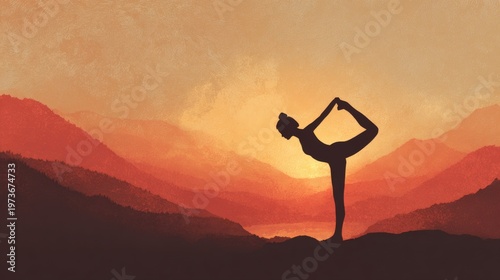 Yoga concept, silhouette practicing yoga, warm tones 