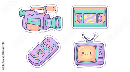 Retro VCR Gadgets Sticker Set with camcorder, video cassette, remote, and cute TV capturing 90s nostalgia and vintage media in a pastel cartoon flat art style vector illustration bundle.