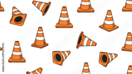 Repeating pattern of orange and white striped traffic cones in various orientations on a plain white background for safety and construction.