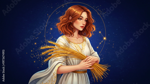 Woman with red hair holding a wheat sheaf representing the Virgo zodiac sign. Astrology and horoscope concept for celestial-themed design.
