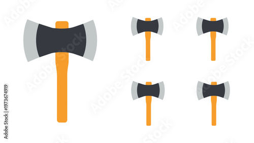 Collection of double headed battle axes in two different sizes with orange wooden handles and dark metal blades for fantasy themes.