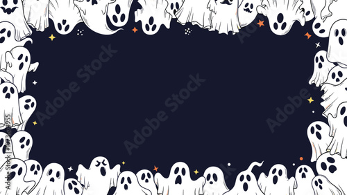 Spooky Halloween border featuring many cartoon ghosts with varied faces against a dark blue background with stars for festive night party.