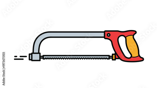 Professional hacksaw with a red and yellow handle and a serrated metal blade shown against a clean white background for tool work.
