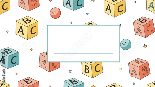 Educational background with colorful alphabet blocks and small geometric shapes around a central frame for message or custom school text.