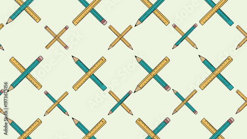 Seamless pattern of crossed teal pencils and yellow rulers used for school, drafting, and creative office work on a light background.