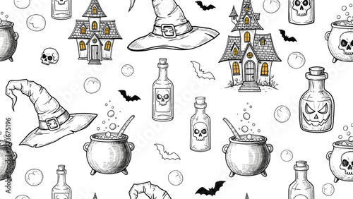 Detailed black and white seamless pattern of Halloween items including witch hats, haunted houses, cauldrons, and spooky bottles for decor.
