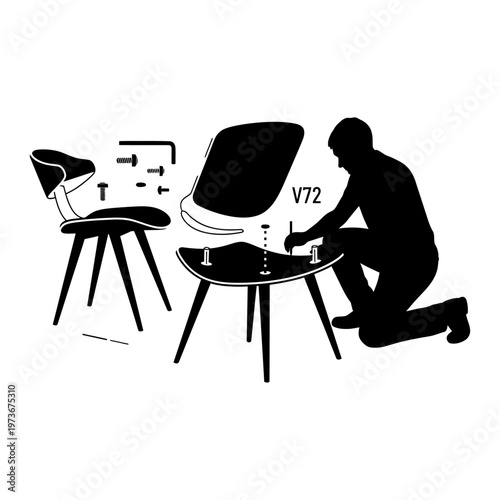 a person is assembling flat pack furniture putting together a chair at home as a DIY project illustrating manual installation.