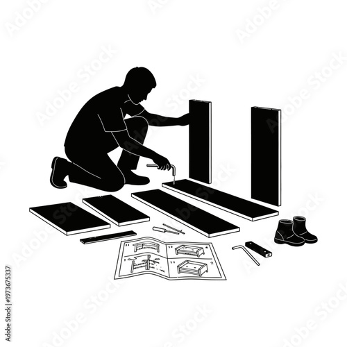 person assembling flat pack furniture a diy project using an instruction manual and an allen wrench for home improvement