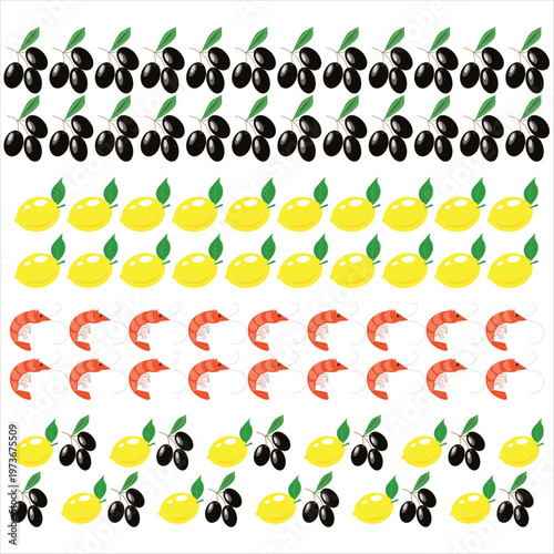 Mediterranean food borders set. Vector olive branch, lemon and shrimp horizontal dividers, decorative seafood elements for menu and kitchen design.
