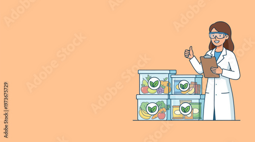 Female food expert inspecting labeled containers of fresh and packaged food, giving thumbs up, ensuring safety and quality control, modern flat design vector, isolated with copy space.