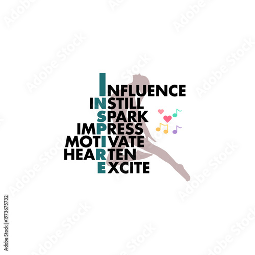 Motivational Influence and Spark Typography with Musical Notes Silhouette isolated on White Background