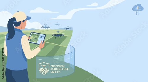 Female farmer controlling drones over crops via tablet, highlighting precision agriculture safety for modern food production. Flat vector artwork, clean palette, horizontal bright outdoor scene.