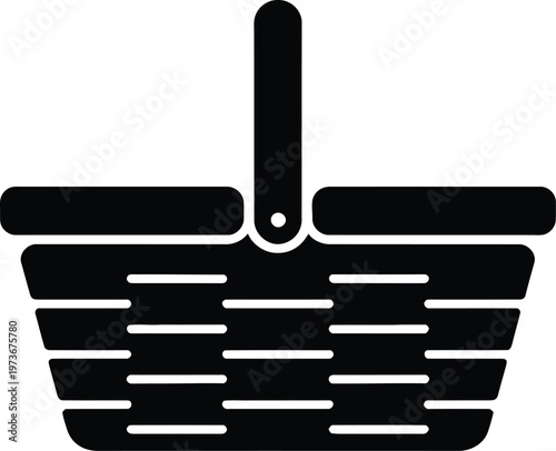 Black silhouette of a shopping basket with a handle and woven sides grocery basket market basket
