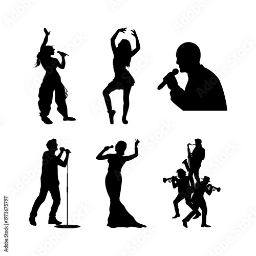Professional Singer and Performer Silhouette Set featuring Musician with Microphone isolated on White Background