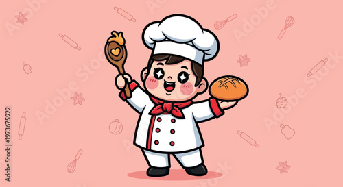 Little boy dressed as chef holding bread.