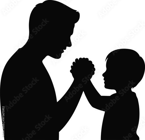 Father and son arm wrestling in silhouette with bonded hands grip