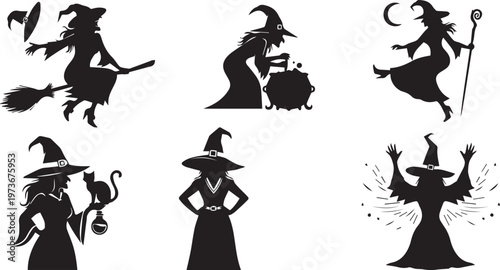 Witch Silhouettes Set, Halloween Magic and Sorcery Vector Icons